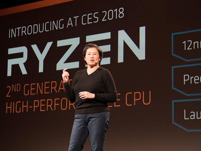 ▲ CES 2018에서 AMD CEO 리사 수(Lisa Su) 박사가 차세대 AMD 프로세서를 소개하고 있다