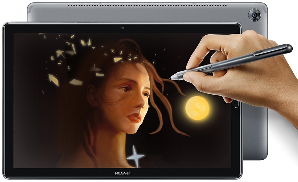 ▲ 2.5D 글래스 스크린이 적용된 미디어패드 M5 시리즈. 10.8형 모델은 4,096 단계 필압의 M-Pen이 기본 제공됩니다.