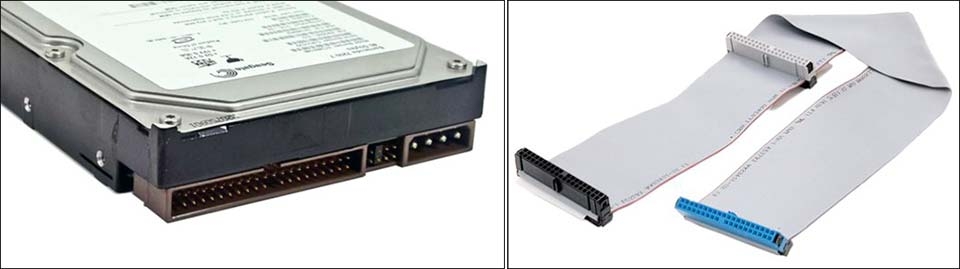 ▲ IDE 방식 HDD 커넥터와 점퍼(좌), IDE 리본 케이블(우)