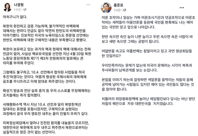▲ 27일 나경원 의원, 29일 홍준표 의원이 각각 페이스북에 게시한 글