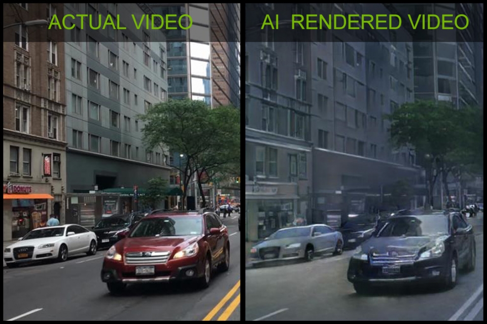 실세계 영상(왼쪽)과 AI로 렌더링된 영상(오른쪽) 비교 (사진=엔비디아코리아)