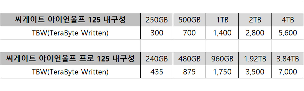 ▲ 아이언울프 125 SSD와 아이언울프 프로 125 SSD 모델 별 TBW