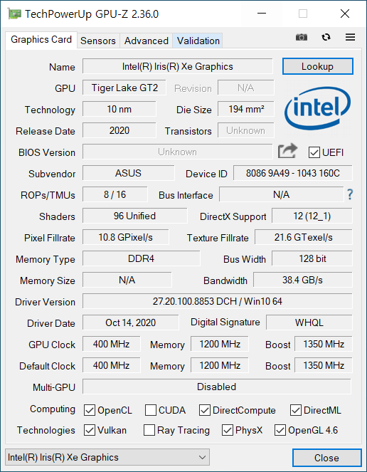▲ CPU에 내장된 GPU는 아이리스XE 그래픽스다.