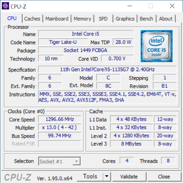 ▲ 인텔 코어 i5-1135G7 프로세서가 탑재됐다. 4코어 8스레드에 최대 배수는 42배, L3 캐시는 8MB로 확인된다. 최대 TDP는 28W다.
