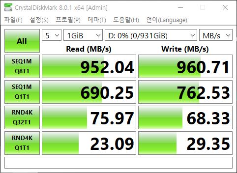 ▲ USB 3.1 Gen2 대역폭에 맞춰진 속도로 확인된다. 일반 SATA3 SSD보다 훨씬 빠르다.