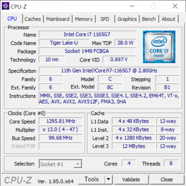 ▲ 인텔 코어 i7-1165G7 프로세서가 탑재됐다. 4코어 8스레드에 최대 배수는 47배, L3 캐시는 12MB로 확인된다. 최대 TDP는 28W다.