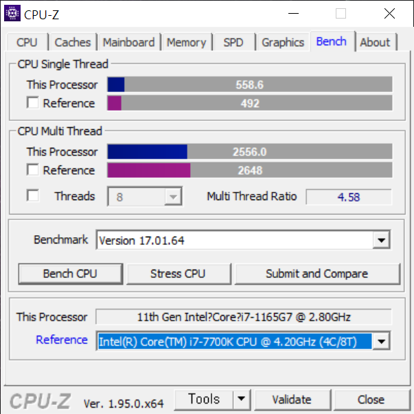 ▲ 한 때 최고의 게이밍 CPU였던 코어 i7-7700K와 비슷한 성능으로 확인된다. 싱글 스레드 성능은 훨씬 더 뛰어나다.