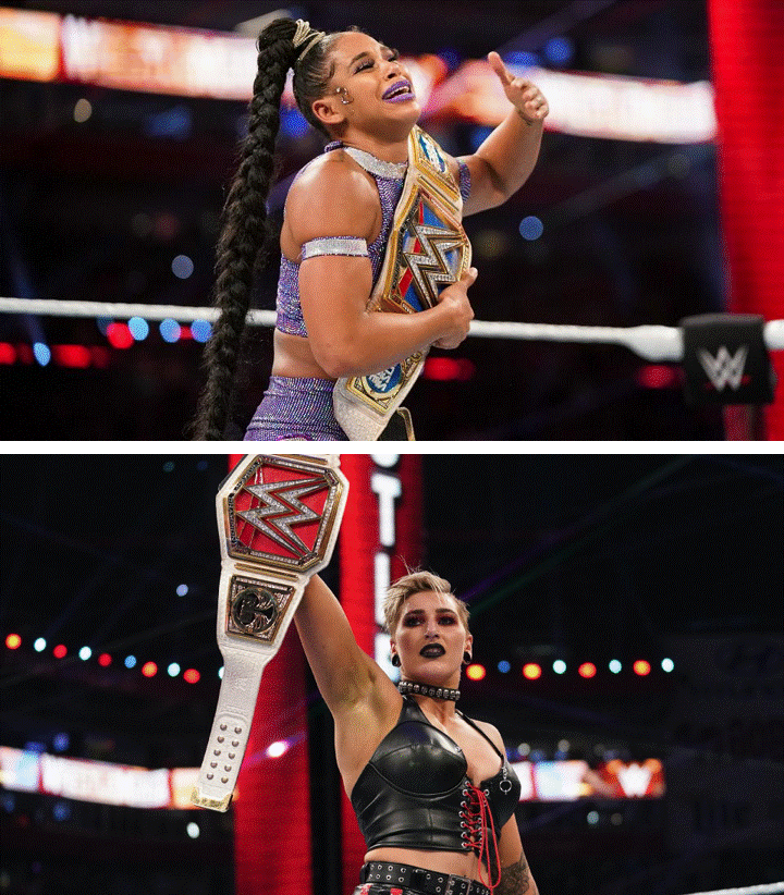 ▲ 레슬매니아 37에서 챔피언에 등극한 비앙카 벨에어(위)와 리아 리플리(아래) (사진: WWE.com)