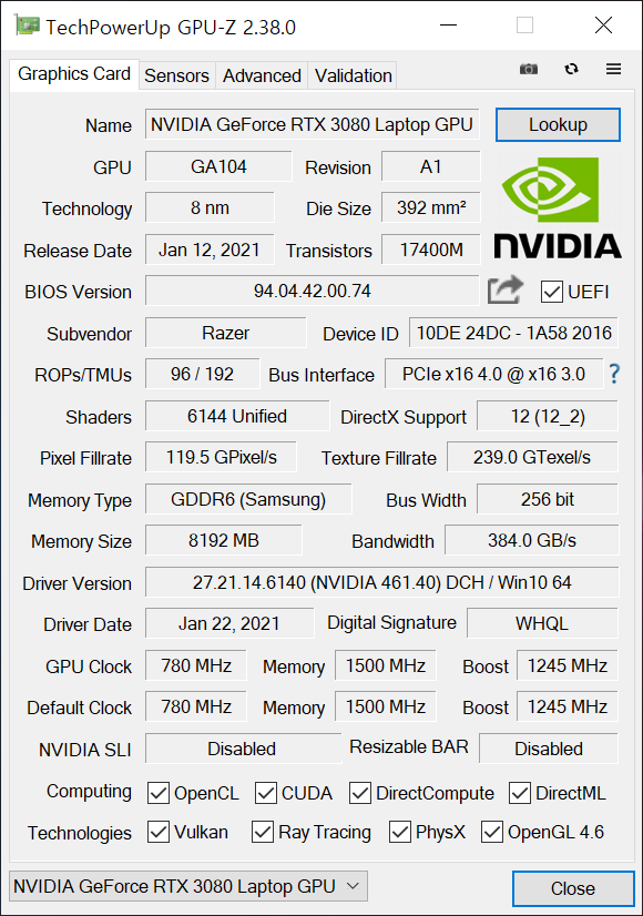 ▲ GPU-Z로 GPU 정보를 확인했다. RTX 3080 랩톱 GPU다. GPU 클럭은 780MHz며 부스트 클럭은 1245MHz다.