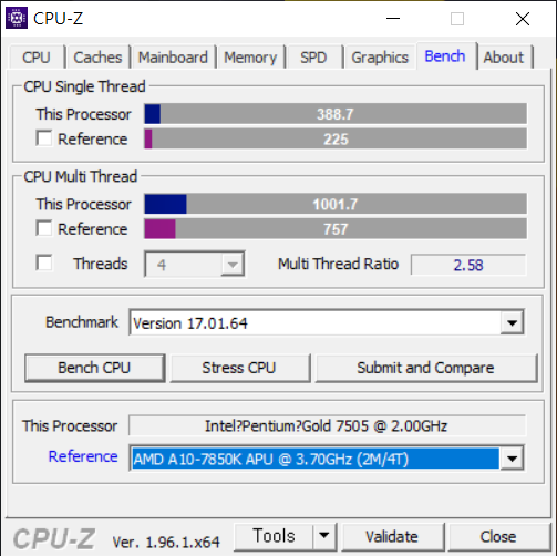 ▲ AMD의 A10-7850K 카베리보다는 높은 성능을 지녔다. 싱글 스레드 성능도 펜티엄치고 높은 편이다.