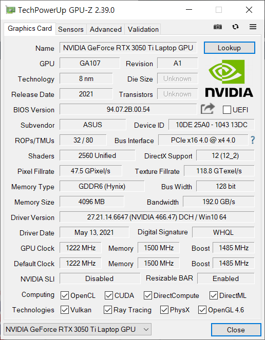 ▲ GPU-Z로 GPU 정보를 확인했다. 인텔 아이리스 Xe 그래픽스와 RTX 3050 Ti다.