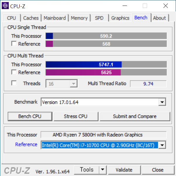 ▲ CPU-Z 벤치마크 결과. 코어 i7-10700보다 높은 수준이다. 참고로 코어 i7-10700은 코어 i9-9900과 비슷하다.