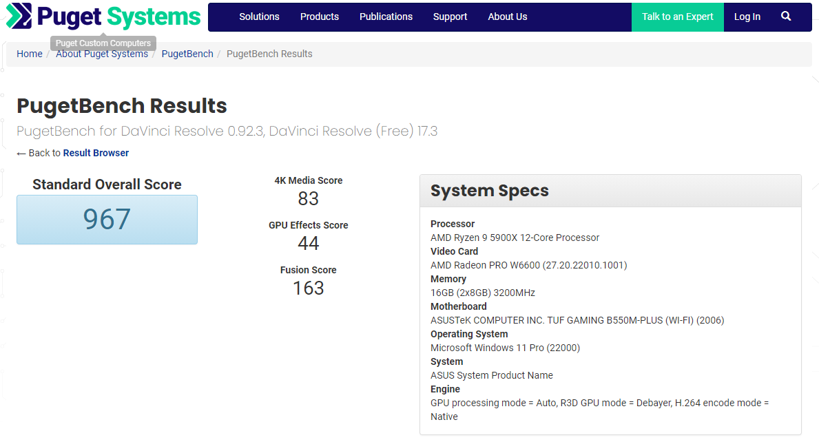 ▲ 라데온 프로 W6600의 성능. 4K 미디어 스코어 83점, GPU 이펙트 스코어 44점이다. 참고로 RX 570이 4K 미디어 스코어 70점, GPU 이펙트 스코어 29점 정도로 확인된다.
