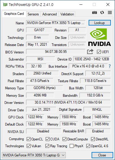 ▲ RTX 3050 Ti 랩톱 GPU. 기본 1222MHz에 부스트 적용 시 1485MHz로 표기되어 있다.