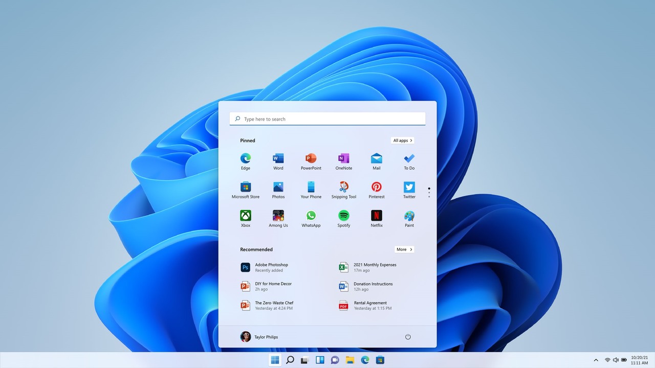 ▲  시작 메뉴가 화면 중앙 하단에 있는 윈도우11