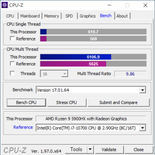 ▲ AMD 라이젠 9 5900HX 프로세서. 8코어 16스레드로 동작하며 L3 캐시는 16MB다. 코어 i7-10700보다 싱글 스레드, 멀티 스레드 점수 둘 다 한참 높다.