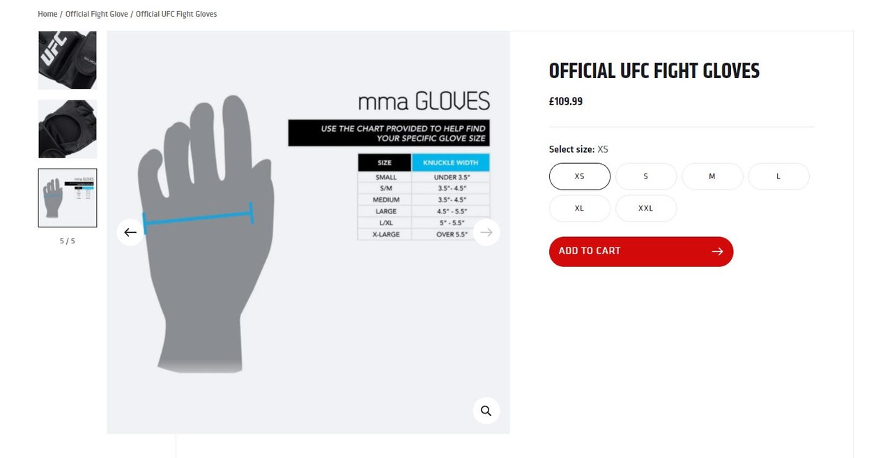 ▲ 내 손에 맞는 'UFC 파이트 글러브'를 구매할 수 있게 사이즈 비교표도 있지만, 영어라는 것이 함정 (사진: UFC 스토어)