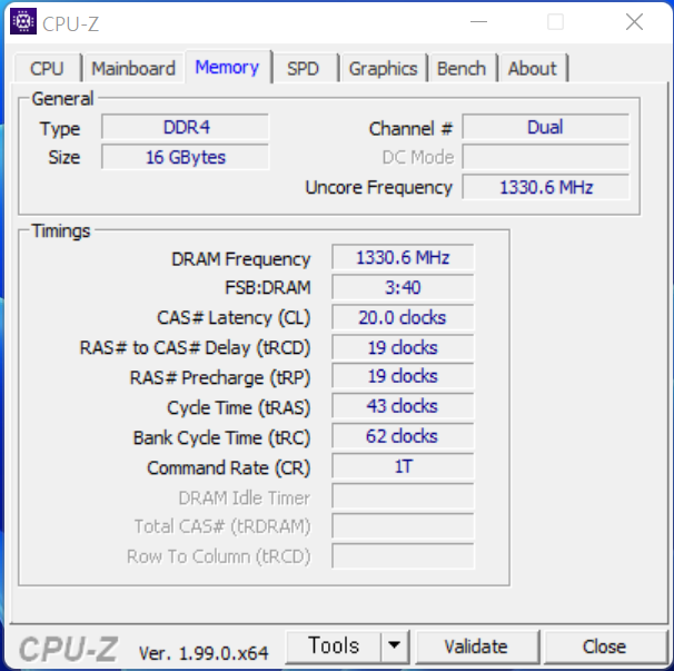 ▲ CPU-Z를 통해 램타이밍을 확인했다. XMP를 적용하기 전이다. 2666MHz에 CL값은 20이다.