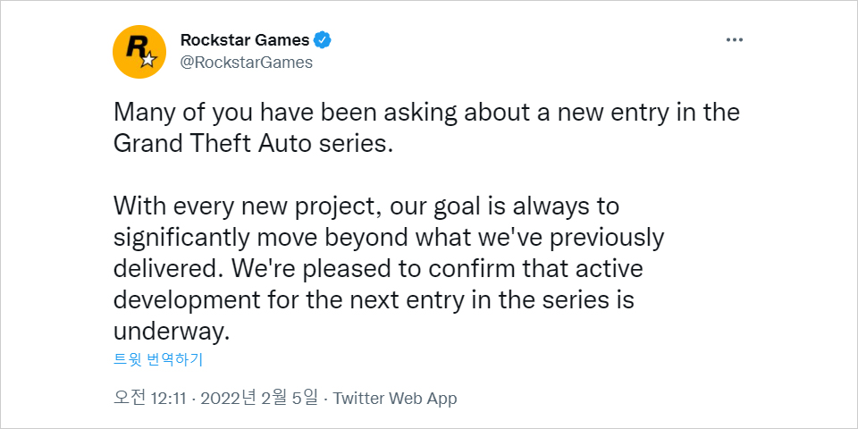 ▲ GTA 시리즈 신작을 개발 중이라고 밝힌 락스타 게임즈 (출처: 락스타 게임즈 트위터)