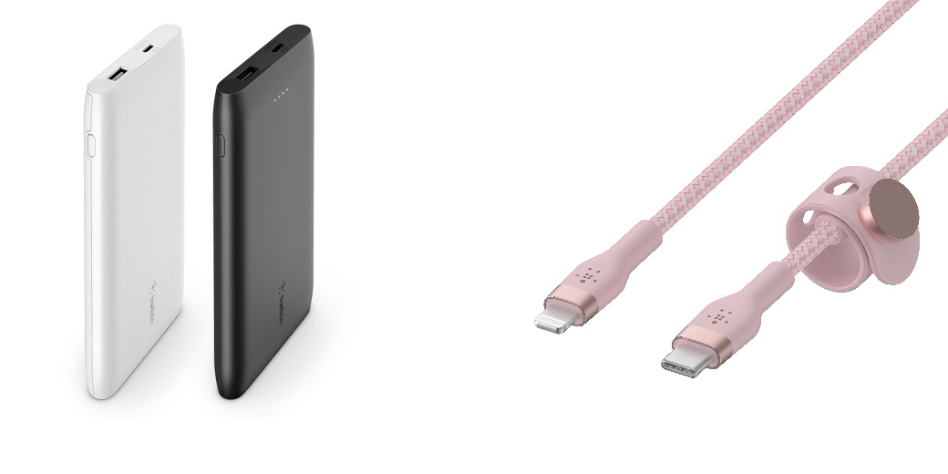 ▲ (왼쪽부터) 벨킨 부스트업 USB-C PD 고속 충전 보조배터리 10000mAh + C타입 케이블, 벨킨 프로 플렉스 USB-C to 라이트닝 충전 케이블