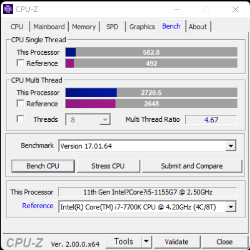 ▲ 코어 i7-7700K보다 싱글 스레드, 멀티 스레드 둘 다 높다. 저전력 CPU인데도 성능은 높은 편이다.