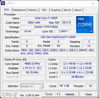 ▲ 인텔 코어 i7-1260P 프로세서가 탑재됐다. P코어 4개, E코어 8개 구조에 스레드는 16개다. L3 캐시는 18MB다. 참고로 전작에 해당되는 인텔 코어 i7-1165G7 프로세서의 경우 4코어 8스레드에 L3 캐시는 12MB로 확인된다. 스레드도 L3 캐시도 둘 다 증가했다.
