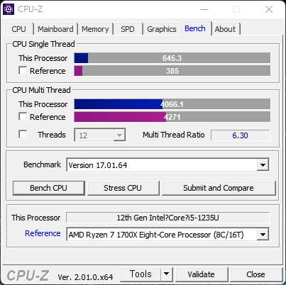 ▲ 코어 i5-1235U는 8코어 16스레드인 라이젠 7 1700X와 비슷한 성능으로 확인된다. 참고로 이 CPU는 TDP 15W인 저전력 CPU다.