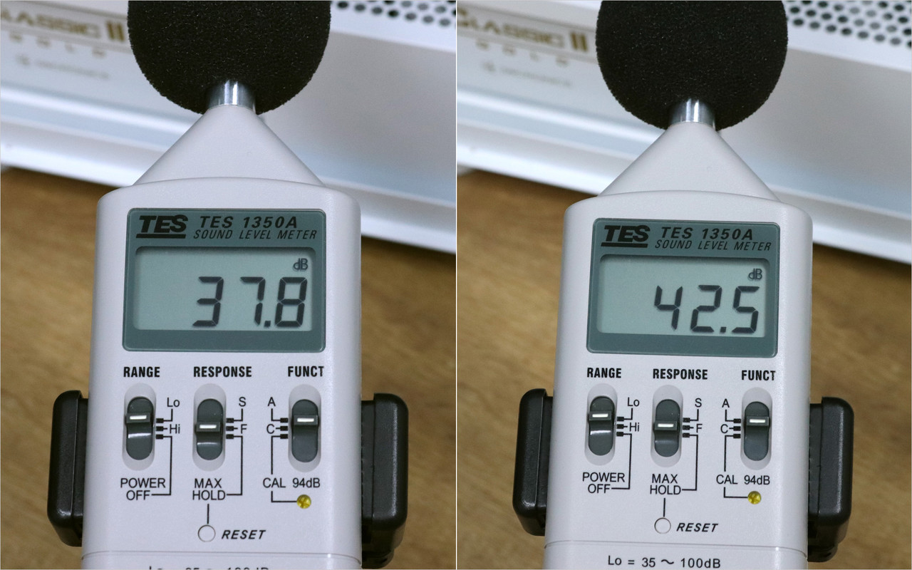 ▲ CPU 유휴 상태(왼쪽)와 최대 부하 상태(오른쪽)에서 측정한 소음