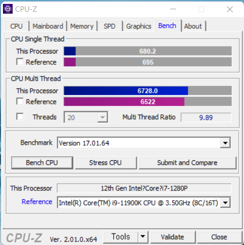 ▲ 싱글 스레드는 680.2점, 멀티 스레드는 6,728점으로 코어 i9-11900K(8코어 16스레드) 점수를 넘었다. 저전력 CPU인데 성능이 아주 뛰어나다.