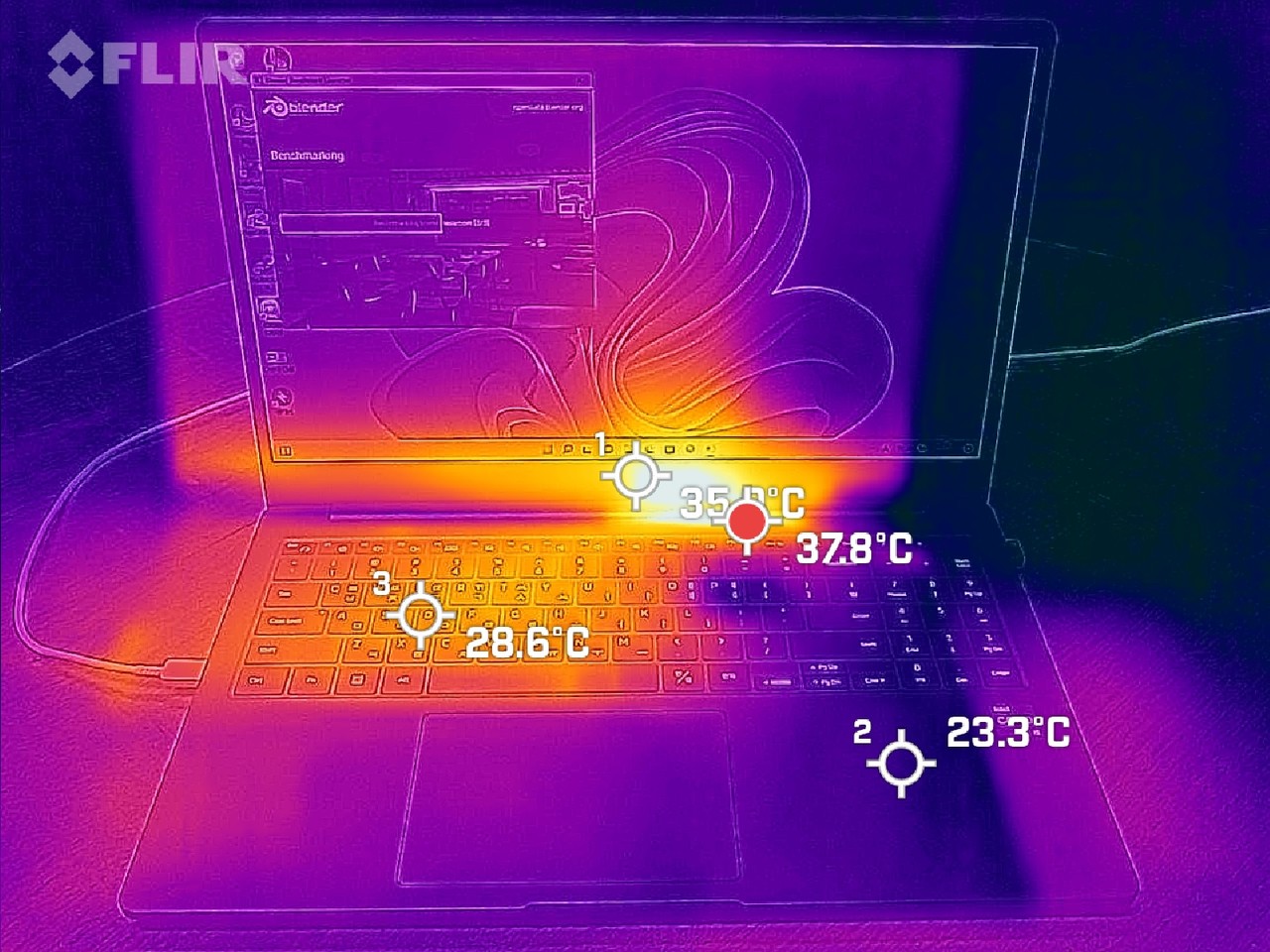 ▲ 블렌더 벤치마크 구동 시 온도를 측정했다. 최대 35도 정도로 온도는 낮다.
