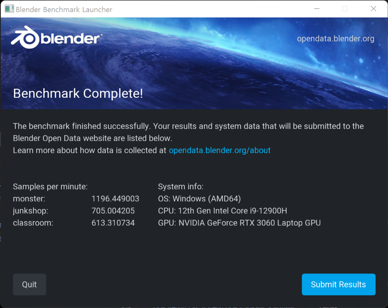 ▲ 블렌더 GPU 벤치마크에서 RTX 3060은 몬스터 1196.44, 정크샵 705, 클래스룹 613.31로 확인된다. 참고로 RTX 3050 Ti는 몬스터 773.67, 정크샵 357.43, 클래스룸 402.75다.