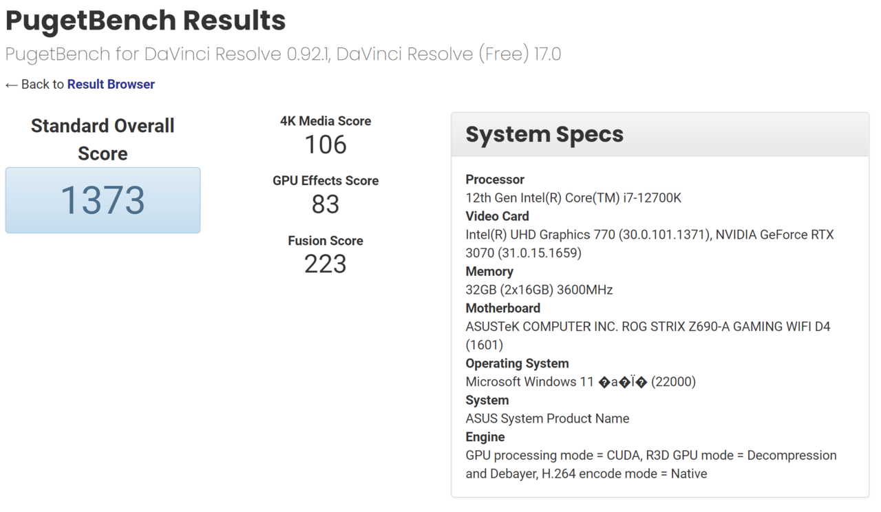 ▲ 참고로 코어 i7-12700K와 RTX 3070 데스크톱 시스템은 총점 1,373점으로 확인된다. 4K 미디어 106점, GPU 이펙트 스코어 83점, 퓨전 스코어 223점이다. 결과만 놓고 보면 HP 엔비 16-h0044TX의 영상편집 성능은 고성능 데스크톱과 비교할 수 있을 정도다.