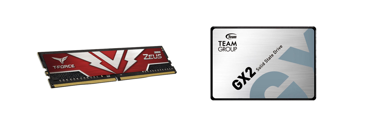 ▲ 팀그룹의 티포스 제우스 DDR4 메모리(왼쪽)와 GX2 SSD(오른쪽)