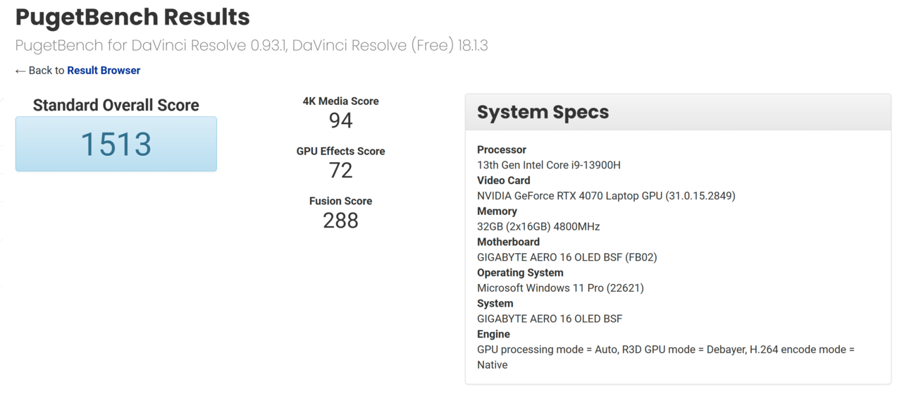 ▲ 다빈치 리졸브 벤치마크에서는 1,513점으로 확인된다. 총점만 놓고 보면 코어 i9-13950HX, 지포스 RTX 4090 랩탑 GPU, 32GB 5600MHz 제품군이 1,547점으로 확인되는데, 이것보다 조금 낮은 정도다.