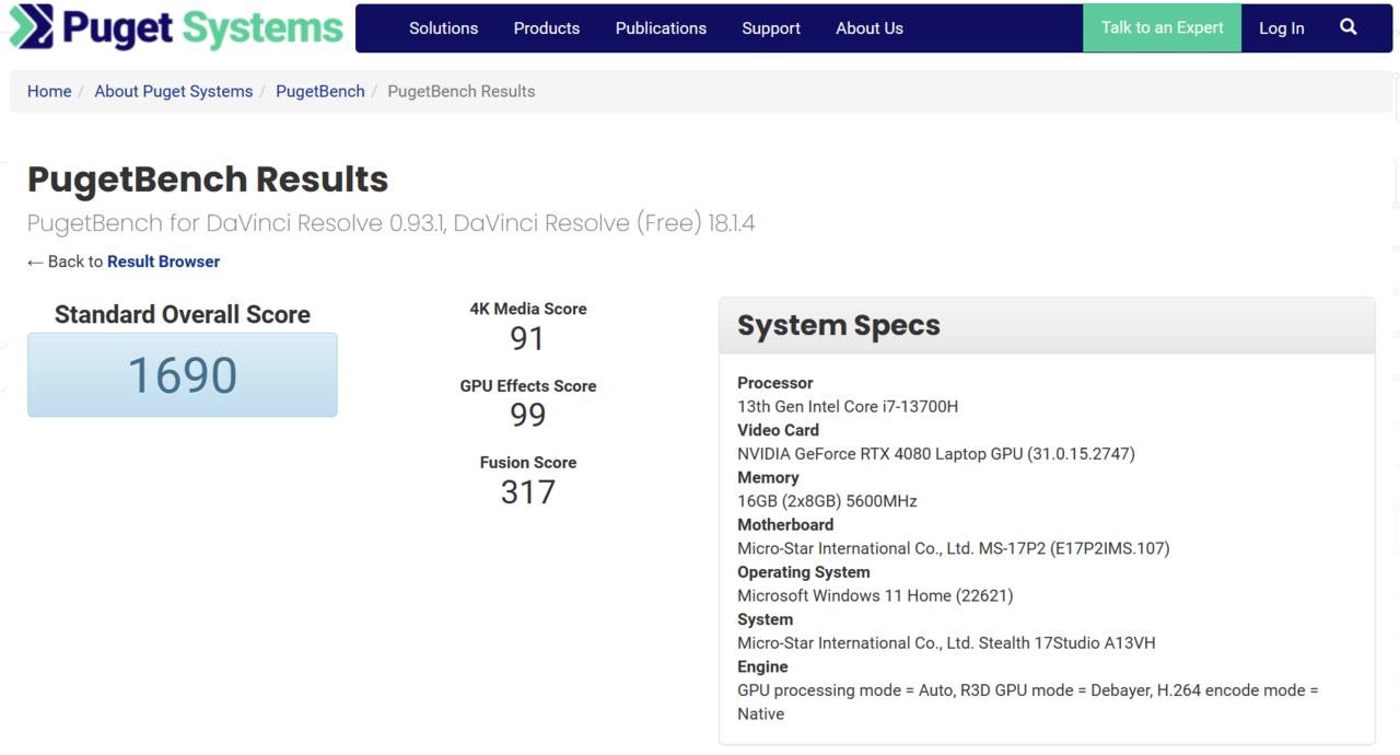 ▲ 다빈치 리졸브 벤치마크에서는 1,690점으로 확인된다. 총점만 놓고 보면 라이젠 스레드리퍼 2920X, 엔비디아 RTX 4080, 64GB 메모리와 비슷하다.