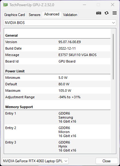 ▲ GPU-Z의 엔비디아 바이오스에서는 최대 그래픽 전력이 105W로 확인된다.