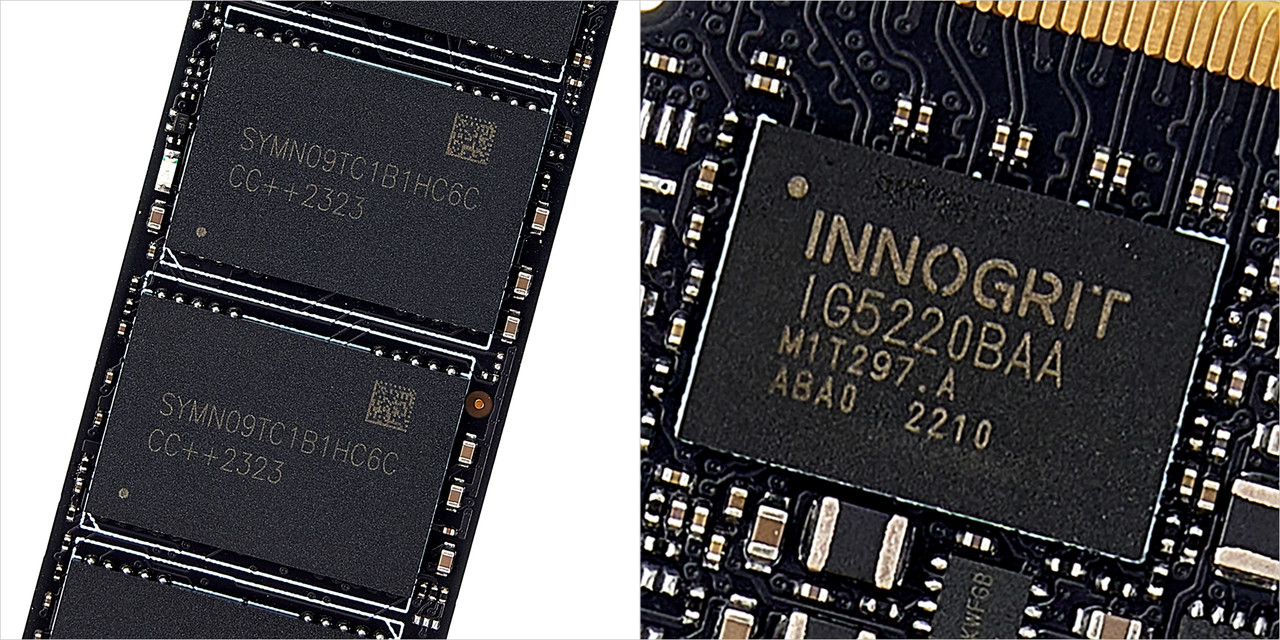 ▲ 게일 제니스 P4L의 낸드 플래시 메모리(왼쪽)와 SSD 컨트롤러(오른쪽)