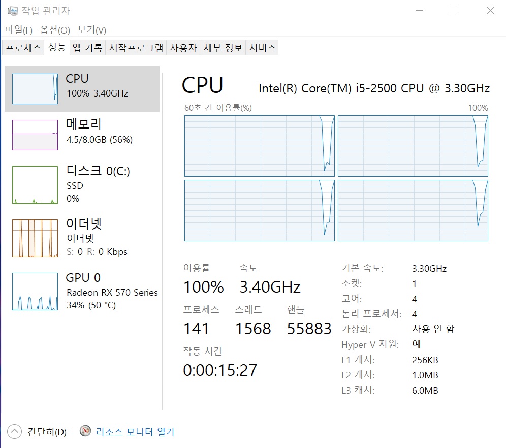 ▲ CPU 점유율이 100%로 표기된다