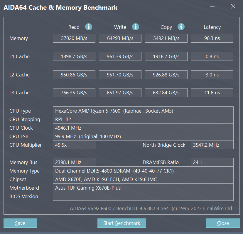 ▲ Cache AIDA e benchmark de memória.  Resultados quando não se aplica XMP (4800MHz, CL40)